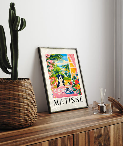 Colorful Henri Matisse inspired framed art print with Border Collie and cup on table