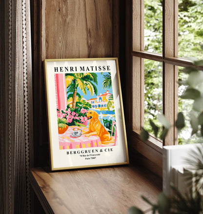 Framed golden retriever art print with coastal view and palm trees