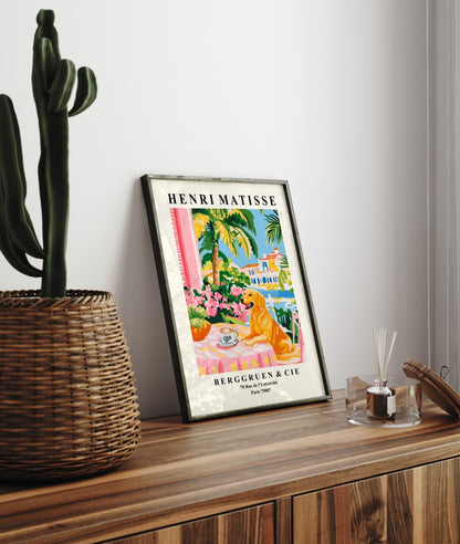 Matisse inspired framed art print of golden retriever enjoying coffee