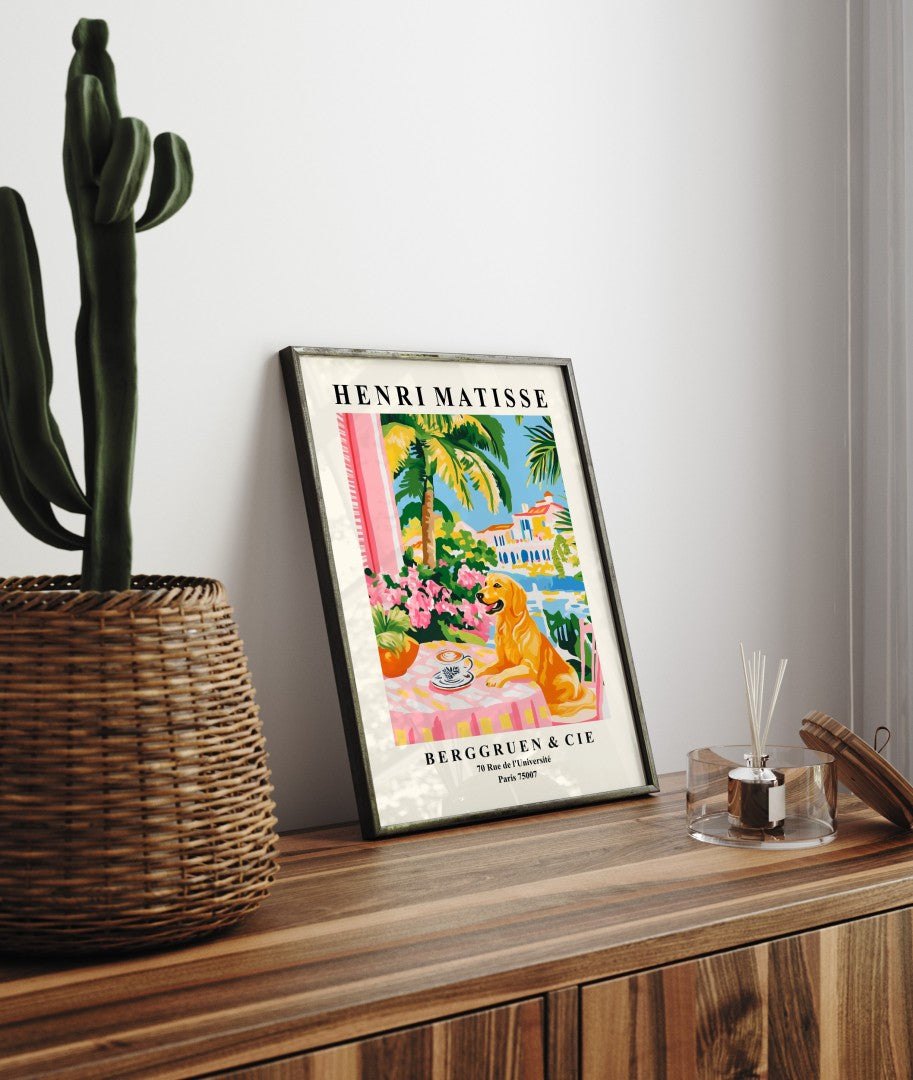 Matisse inspired framed art print of golden retriever enjoying coffee