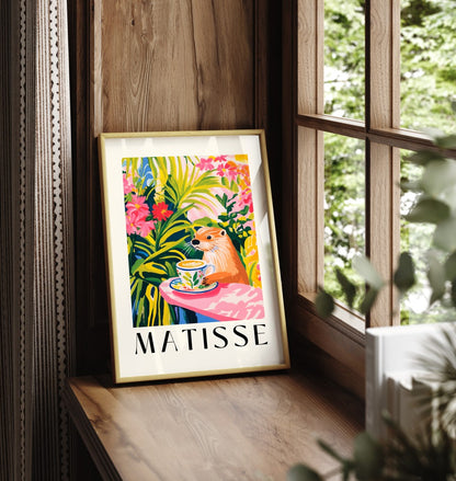 Framed otter coffee tropical foliage art print inspired by Matisse style