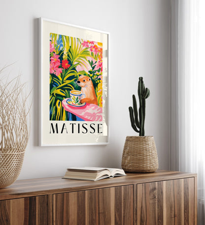 Framed whimsical otter with coffee cup surrounded by vibrant plants art print
