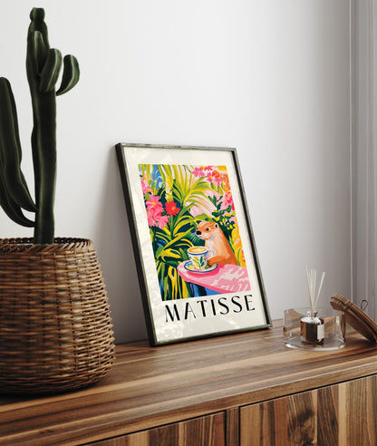 Framed Matisse inspired otter coffee scene with tropical flowers colorful art print