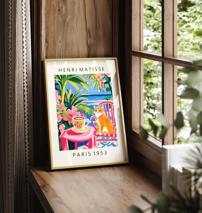 Framed orange tabby cat coffee tropical foliage seaside art print in Matisse style