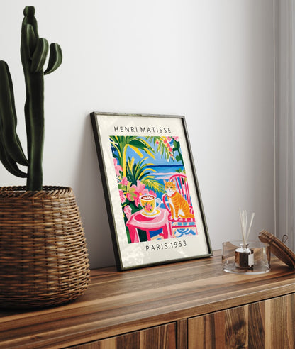 Framed Matisse inspired orange tabby cat coffee scene with tropical flowers colorful art print