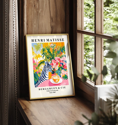 Framed art print featuring zebra with latte in tropical café setting