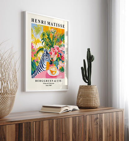 Zebra at café table with coffee surrounded by flowers framed art print