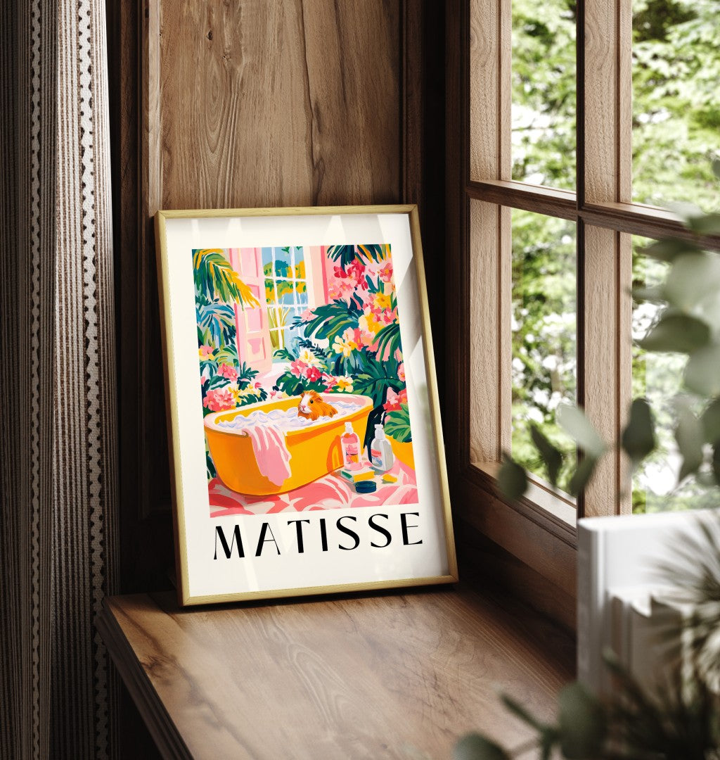 Framed guinea pig bathroom art print in Henri Matisse style