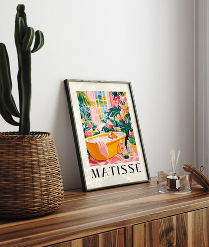 Colorful framed wall art print of guinea pig in bathtub, Matisse inspired
