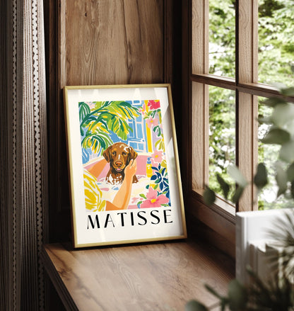 Framed Matisse style bathroom wall art with Chocolate Labrador
