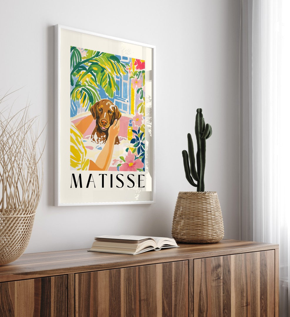 Chocolate Labrador in a tub with bubbles, framed art print for bathroom