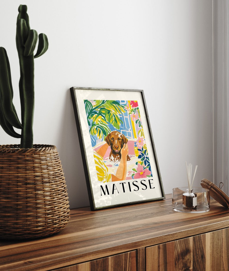 Playful bathroom wall decor featuring Chocolate Labrador in Matisse style