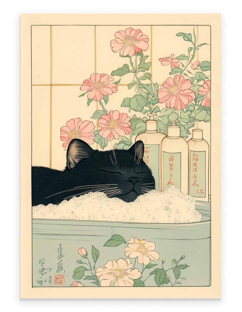 Chat noir japonais détendu dans la baignoire