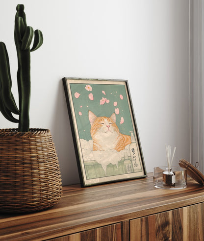 Cozy tabby cat artwork with Japanese bath elements, printed in soft tones and nature details