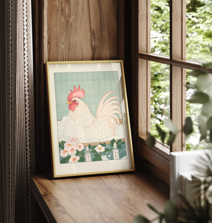 Framed rooster bathroom print featuring a bold rooster in a soft flower bath