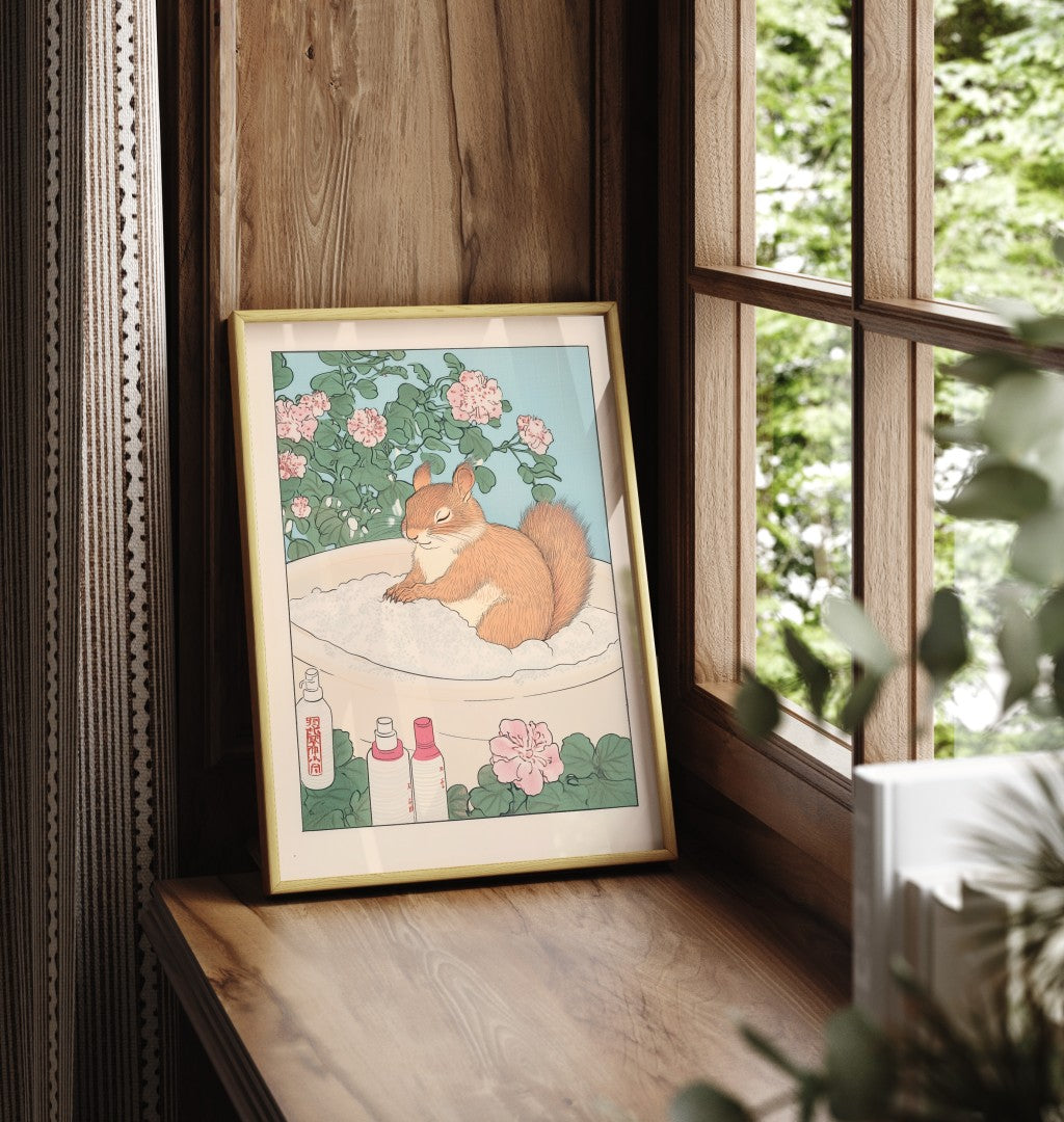 Relaxed squirrel enjoying a bubble bath in Japanese-style artwork