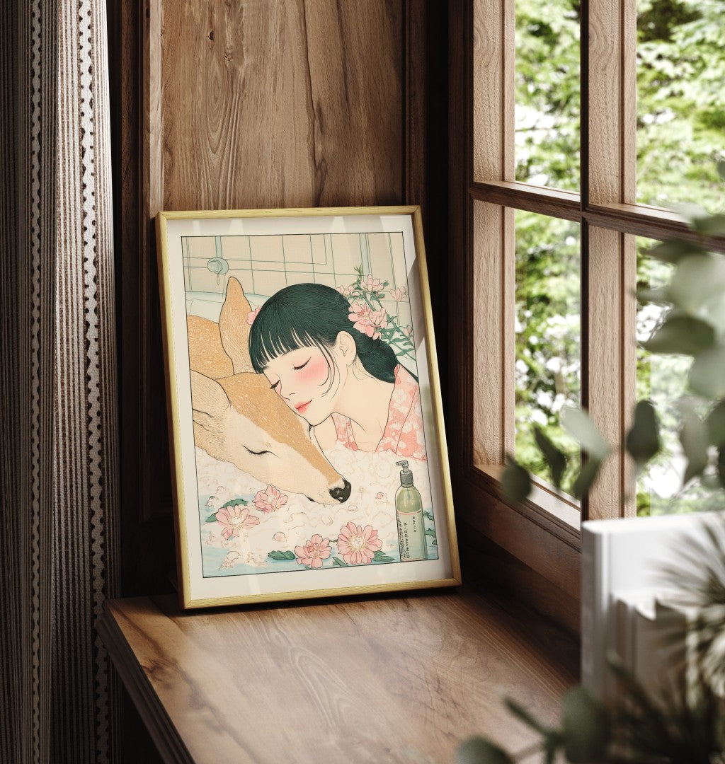 Framed print of relaxing bath scene with girl and deer