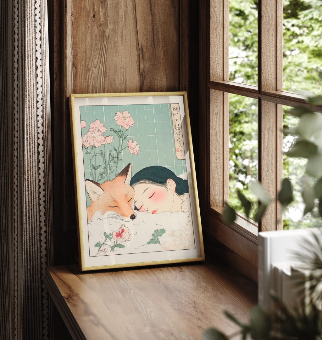 Fille et Renard - Affiche de Salle de Bain Japonaise