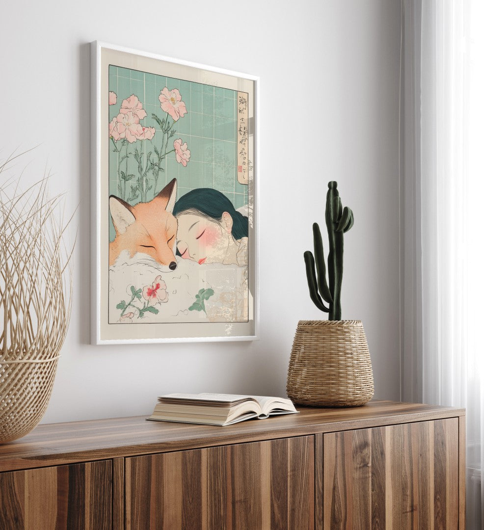 Fille et Renard - Affiche de Salle de Bain Japonaise