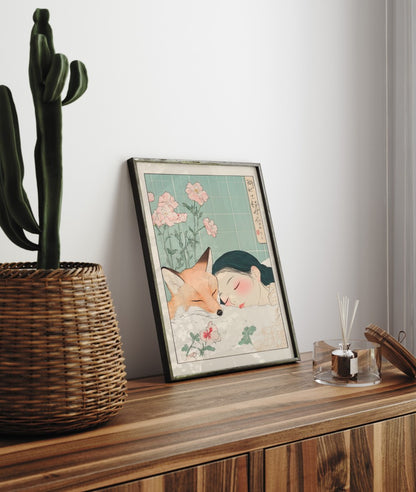 Fille et Renard - Affiche de Salle de Bain Japonaise