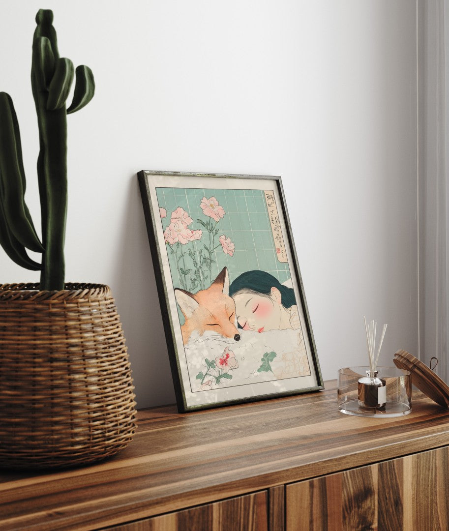 Fille et Renard - Affiche de Salle de Bain Japonaise