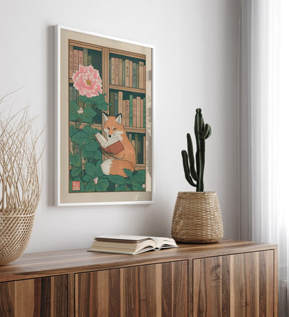 Art print featuring a thoughtful fox holding a book in a serene library scene