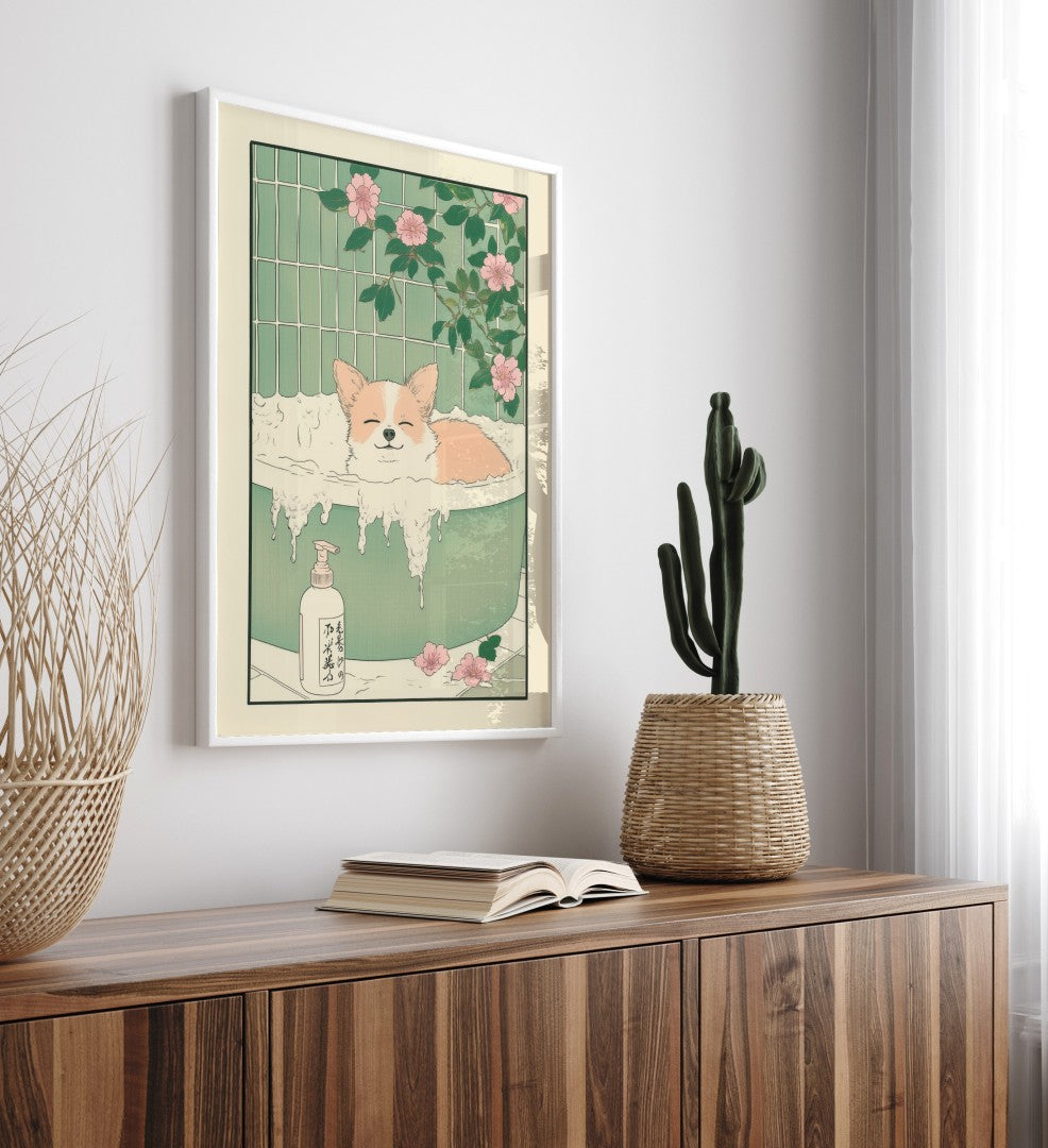 Chihuahua in a bubbly bath surrounded by soap and blossoms – Japanese art print