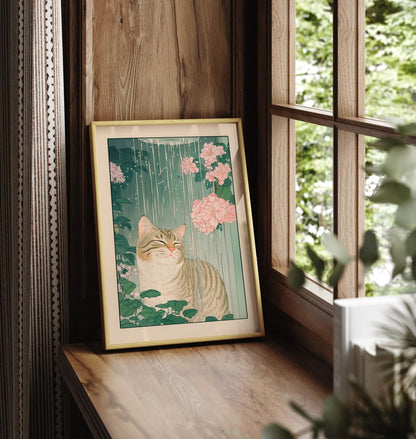 Cute cat under falling water in a peaceful bathroom scene