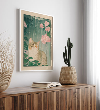 Japanese-style print of cat showering with calm expression