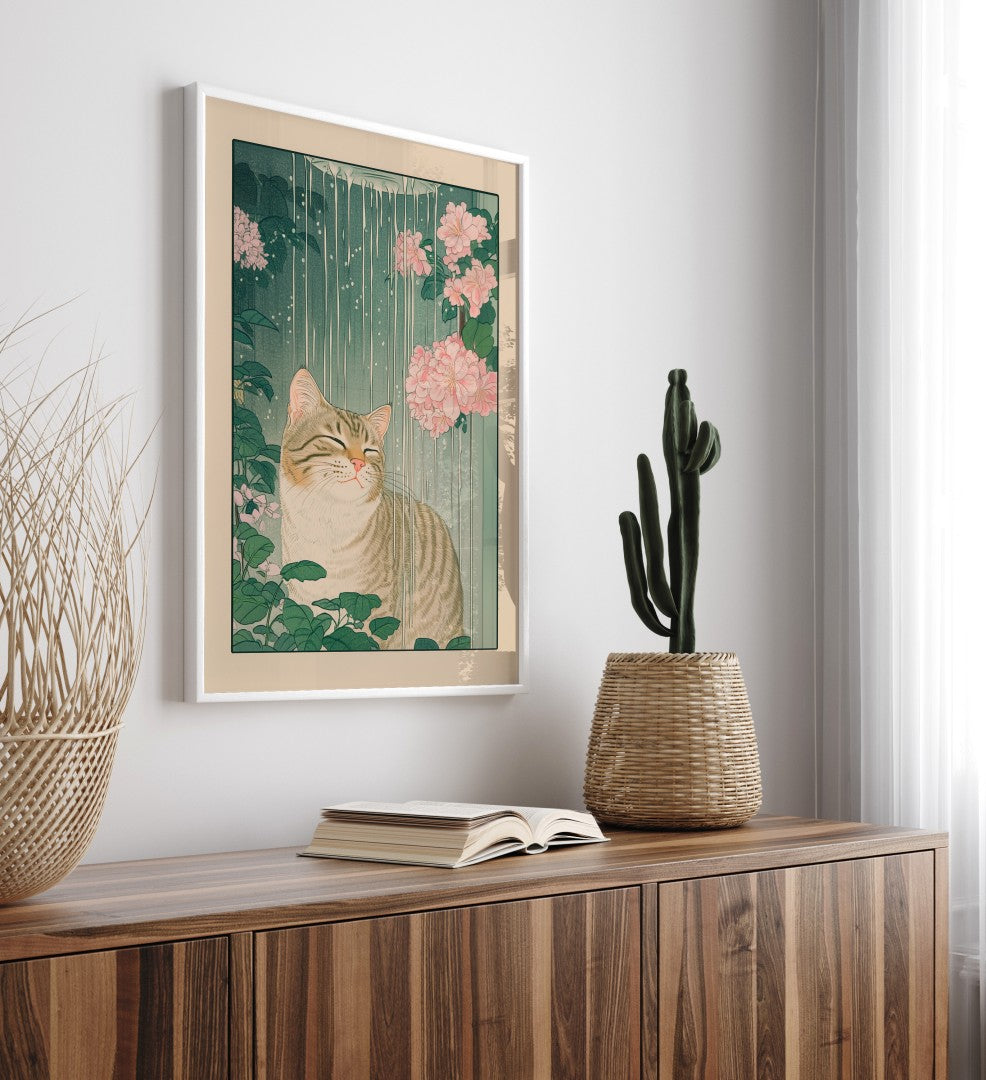 Japanese-style print of cat showering with calm expression