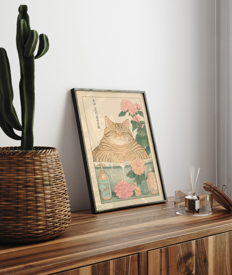 Japanese bathroom print with a tabby cat