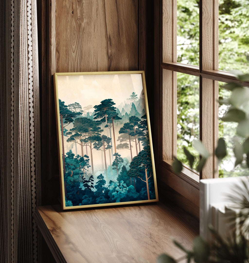 Framed pine forest art print with tall trees and atmospheric landscape