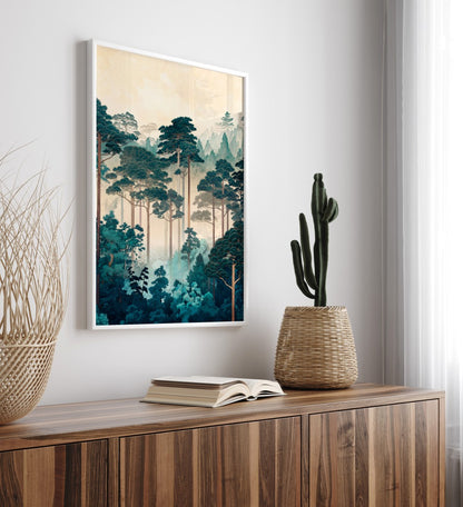 Modern forest landscape framed art print featuring misty pine trees