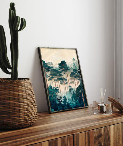 Nature inspired framed art print of pine forest in teal and earthy tones