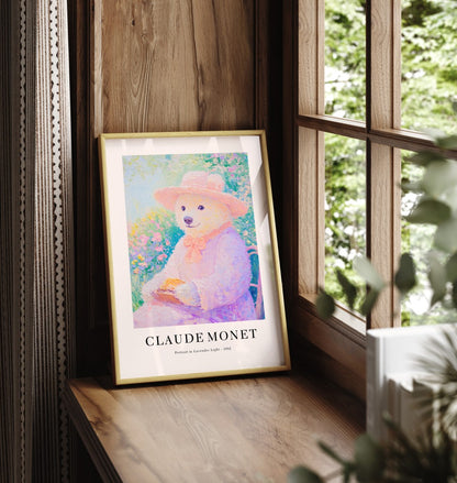 Framed impressionist bear portrait in lavender light, pastel attire art print
