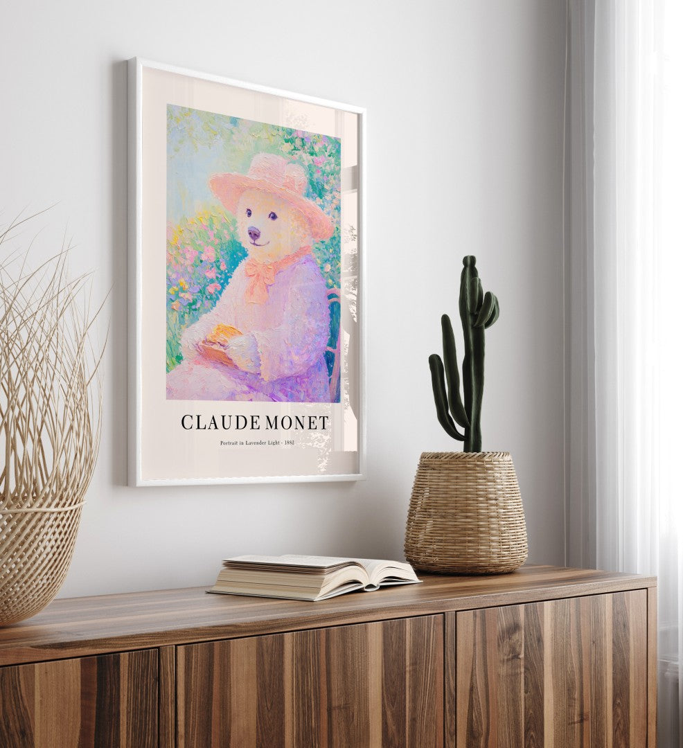 Monet-inspired bear portrait in soft pastel tones, framed art print