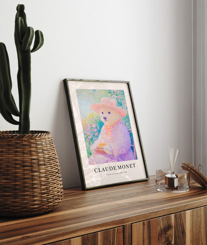 Whimsical bear in lavender clothing and hat, framed impressionist art print