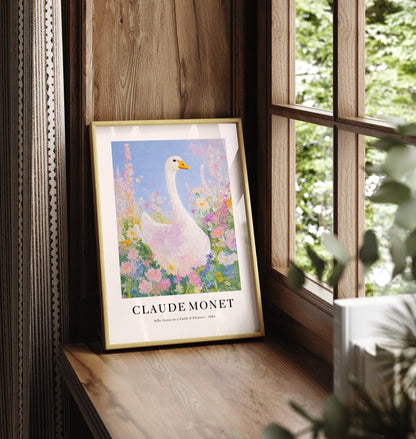 Framed impressionist goose art print in Monet style with flowers