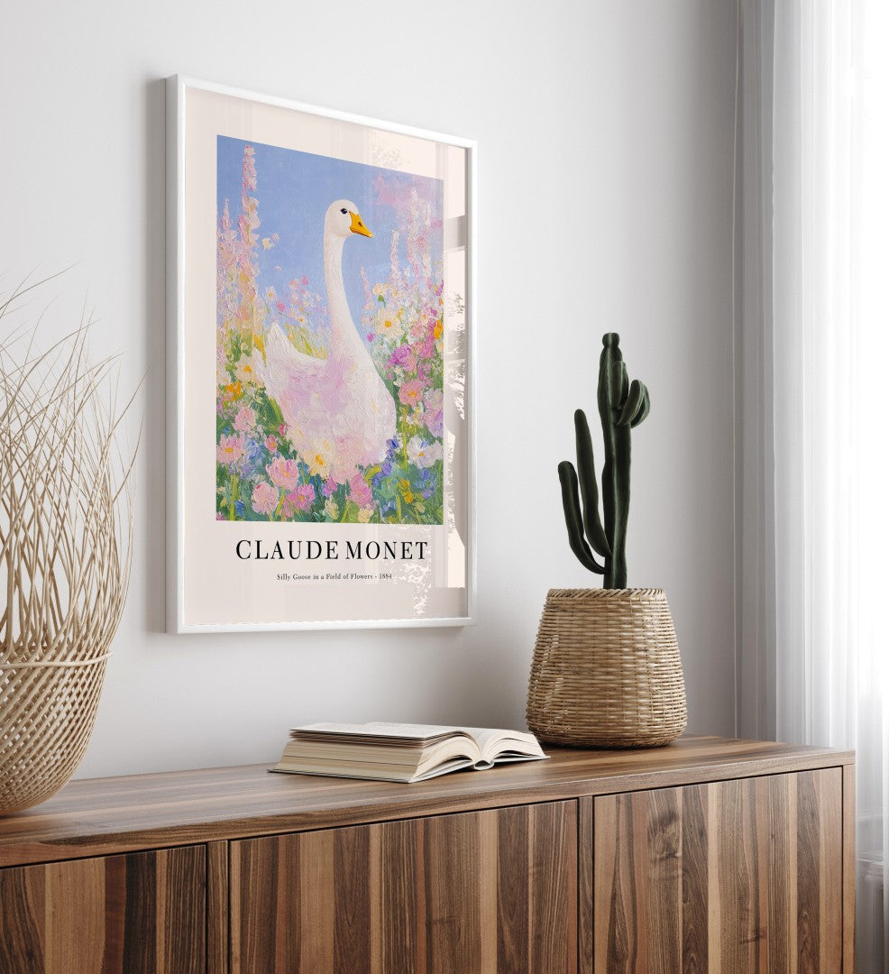 Whimsical goose framed art print in a colorful impressionist flower field