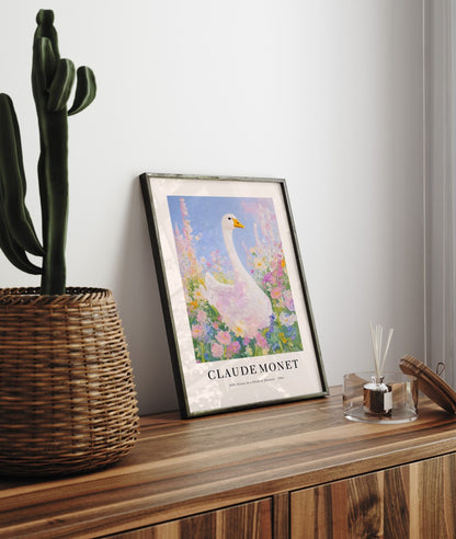 Claude Monet inspired goose impressionist framed art print with vibrant blossoms