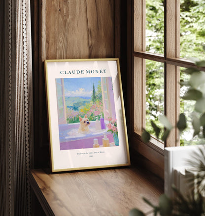 Framed Brussels Griffon in bubble bath with valley view and blossoms, bathroom wall art print