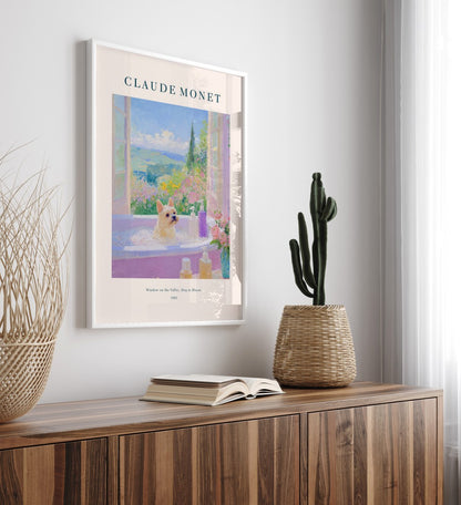 Monet-inspired Brussels Griffon soaking in tub with flowers and sunlight, framed bathroom art print