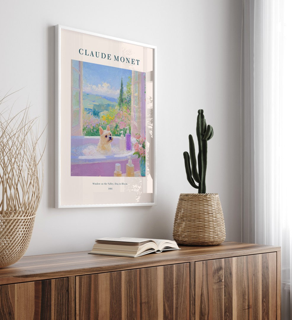 Monet-inspired Brussels Griffon soaking in tub with flowers and sunlight, framed bathroom art print