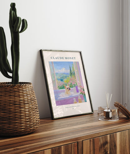 Charming Brussels Griffon in bath among blooms and garden light, framed impressionist bathroom art print