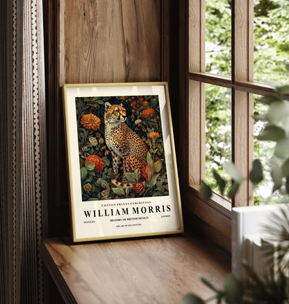 Framed cheetah art print in William Morris style with decorative floral design