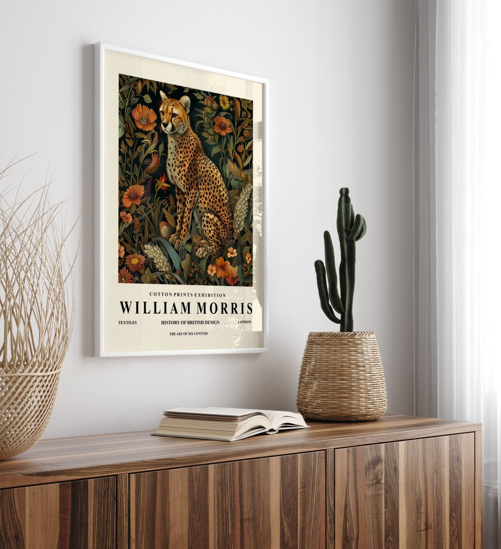 Wildlife cheetah framed art print in William Morris style for wall decor