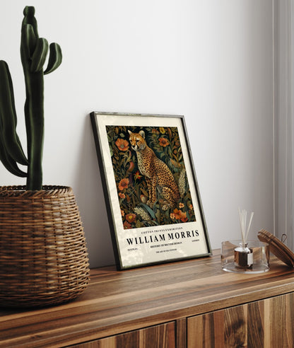Detailed cheetah with botanical background framed art print in William Morris style